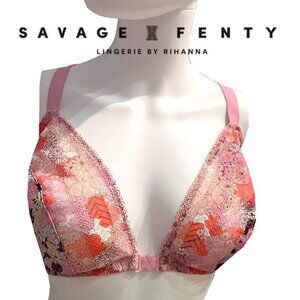 NWT Savage X Fenty Floral + Lace Plunge Bralette Pink Multicolor Adjustable Stra